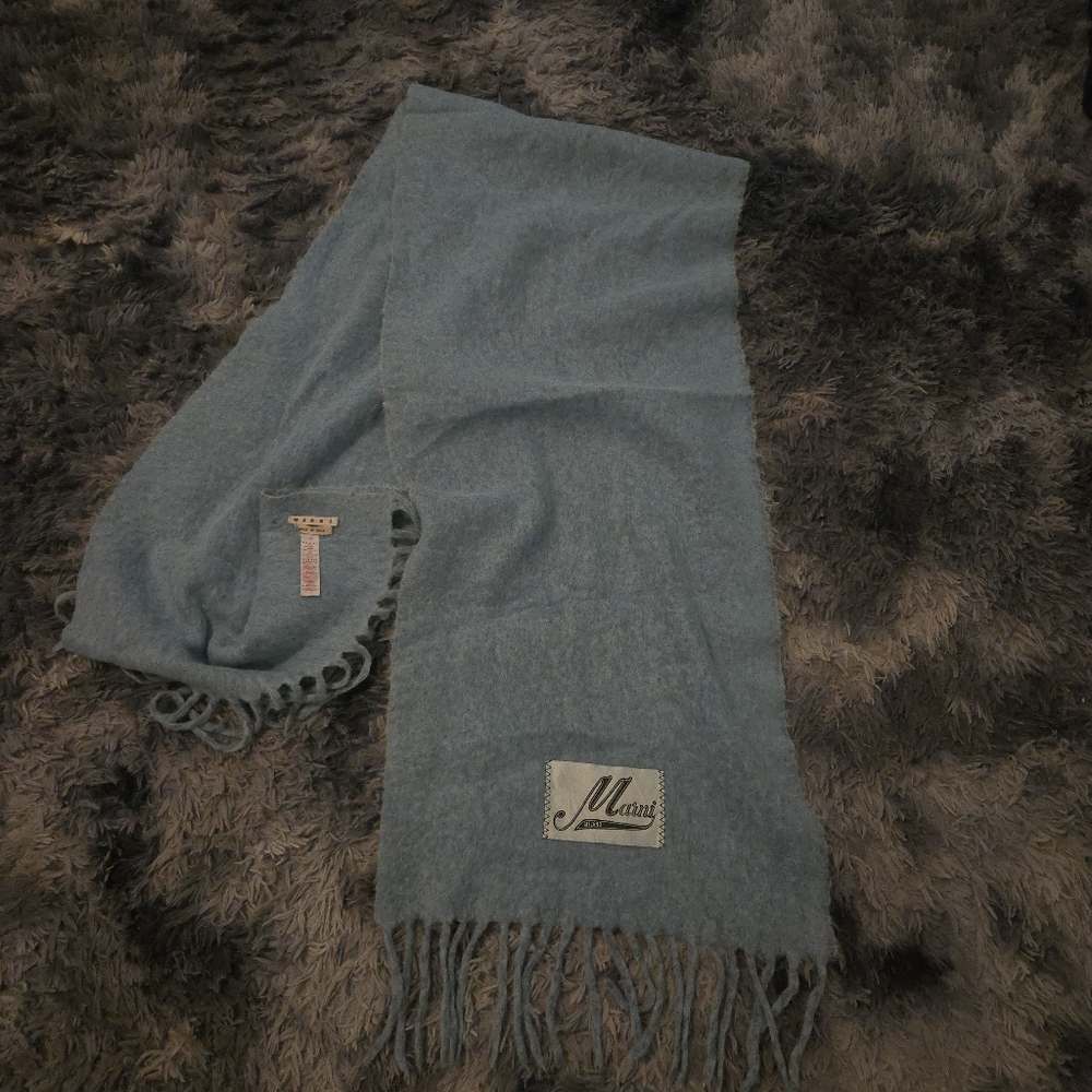 MARNI Alpaca Blend Scarf Light Blue Fringed Logo Patch Made In Italy Authentic